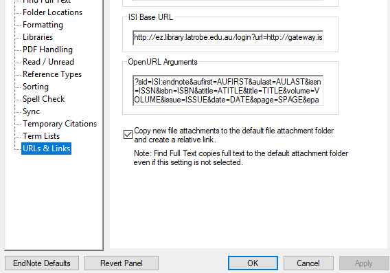 EndNote Windows Settings