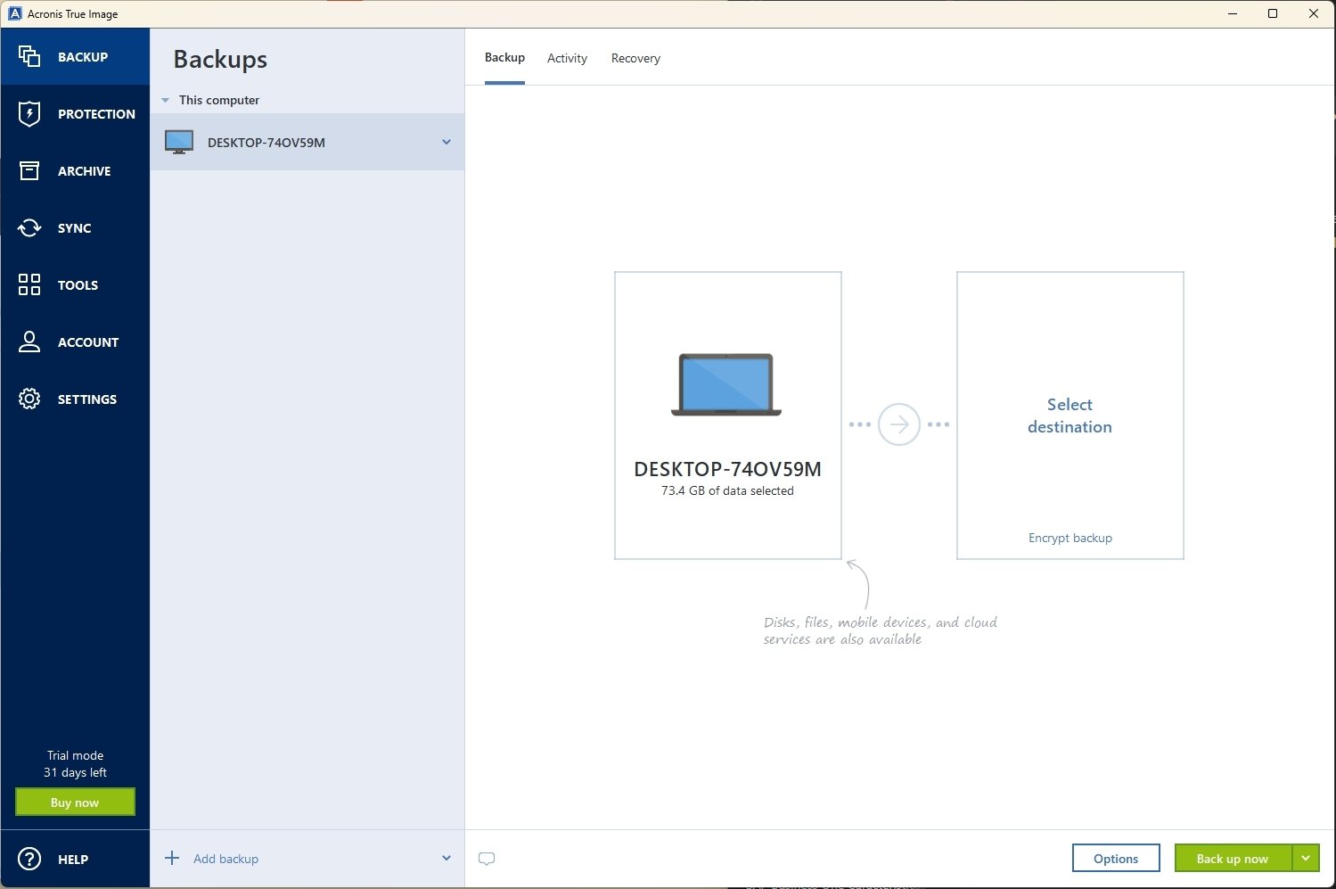 Giao diện bootable của Acronis True Image