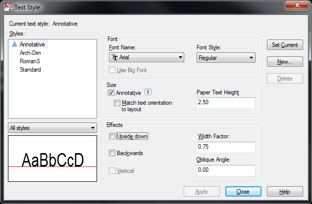 Giao diện quản lý font trong AutoCAD