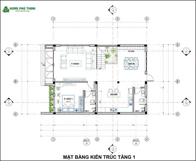 Bản vẽ nhà phố 2 tầng 5x20m