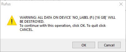 Cảnh báo từ Rufus khi tạo USB khởi động